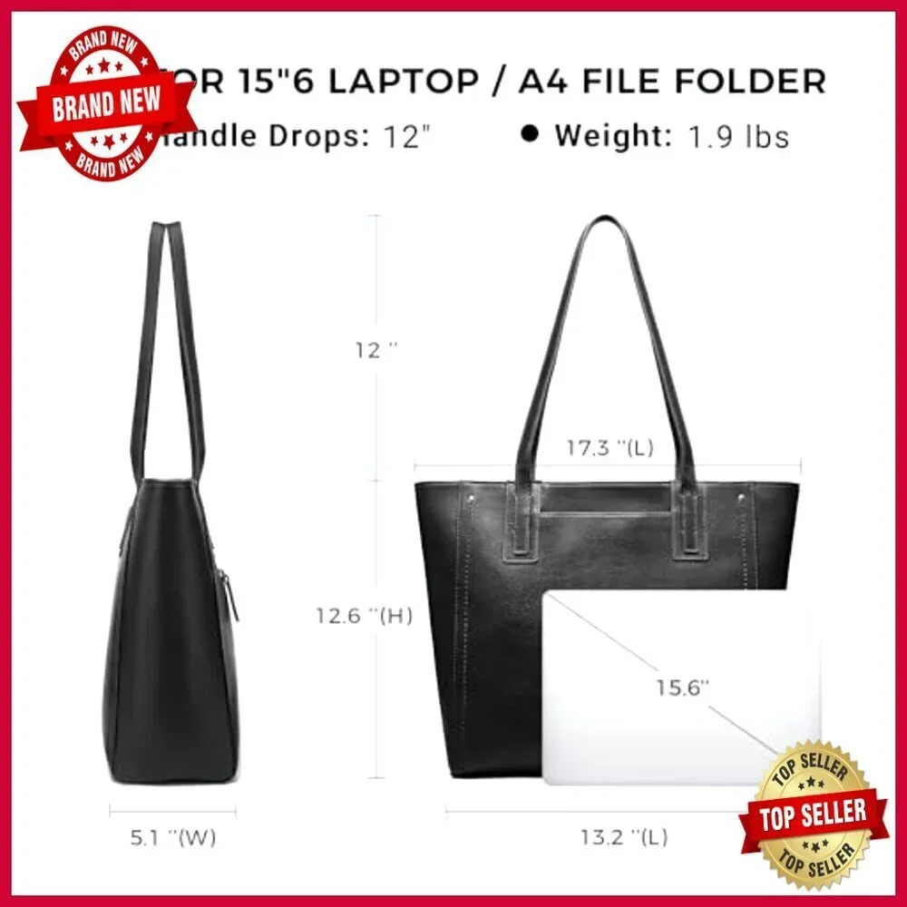 Large Genuine Leather Work Tote with Laptop Sleeve and Zipper